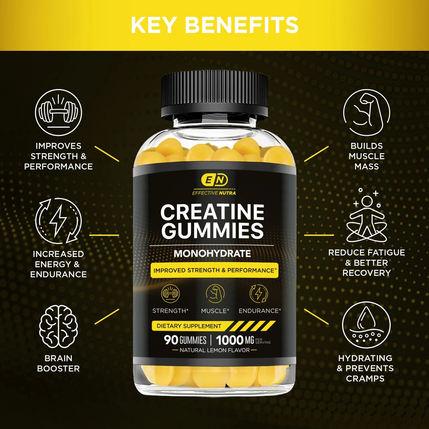 Creatine Gummies for Men & Women - Creatine Monohydrate Gummies for Strength, Muscle, Energy - Natural Lemon Flavor (90Ct)